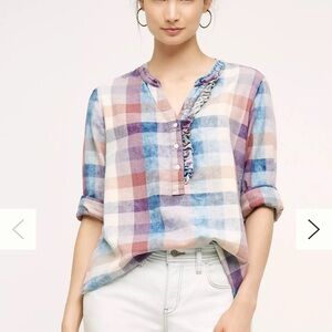 Anthropologie Ruffle Henley Top Purple Blouse with Mandarin Collar